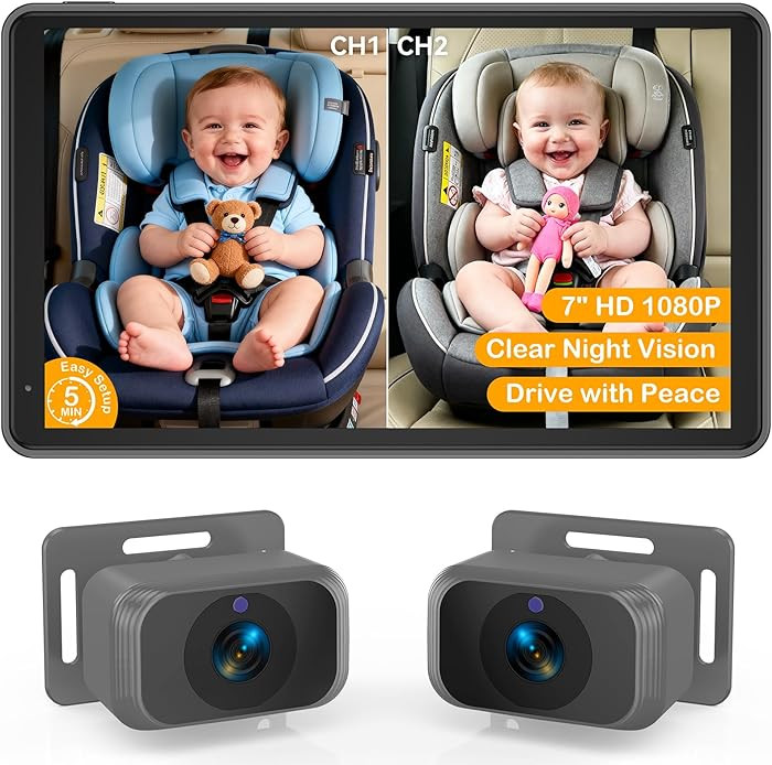 Baby Car Camera for 2 Kids - 7-Inch Split-Screen Monitor, Dual HD 1080P Cameras, Night Vision, 36... | Amazon (US)