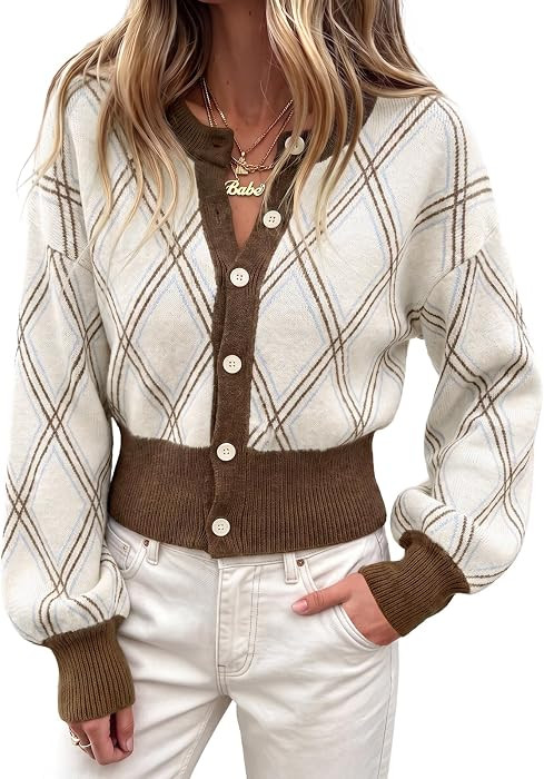 Tankaneo Womens Cropped Argyle Plaid Cardigan Sweater Preppy Outfits | Amazon (US)