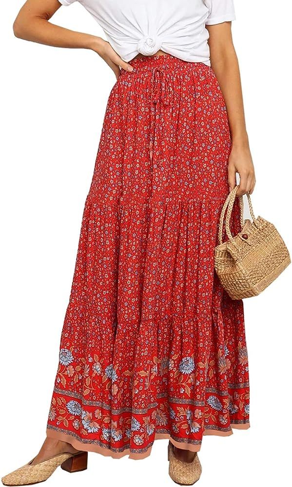 Women’s Boho Vintage Floral Print High Elastic Waist Pleased Long Maxi Skirt | Amazon (US)