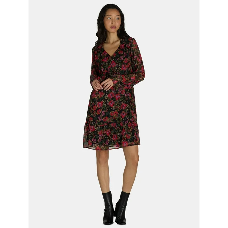Time and Tru Women's Mini Floral Dress with Long Sleeves, Size XS-XXXL | Walmart (US)