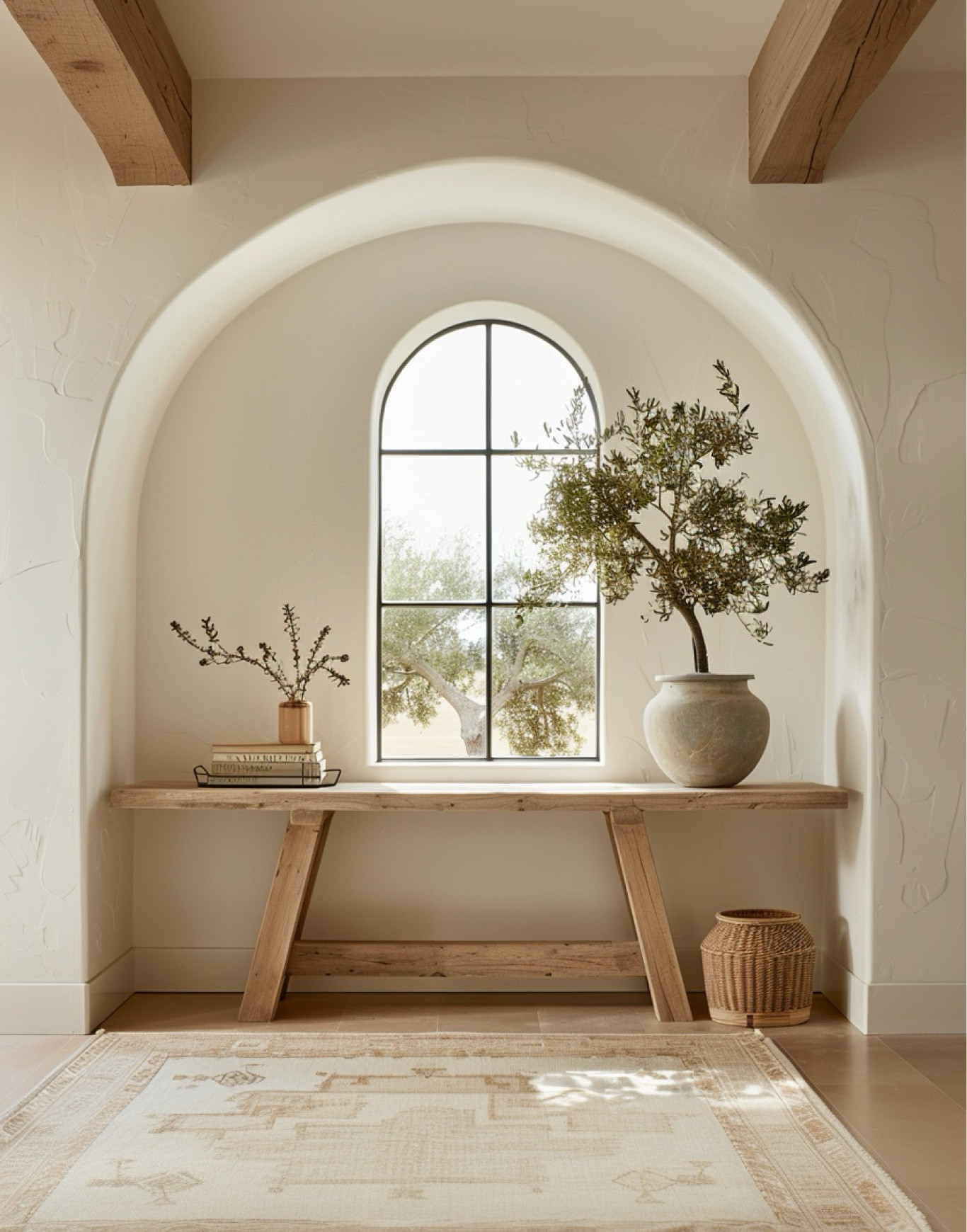 Modern organic entryway 🤍 | rustic modern, organic modern, earthy, planter, area rug, reclaimed wood, console table, wood beams, arched window, entryway decor | 