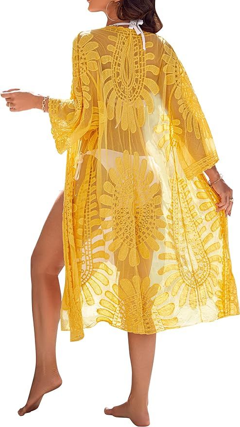 Blooming Jelly Womens Bathing Suit Cover Up 3/4 Sleeve Mesh Swimsuit Coverup Long Floral Beach La... | Amazon (US)