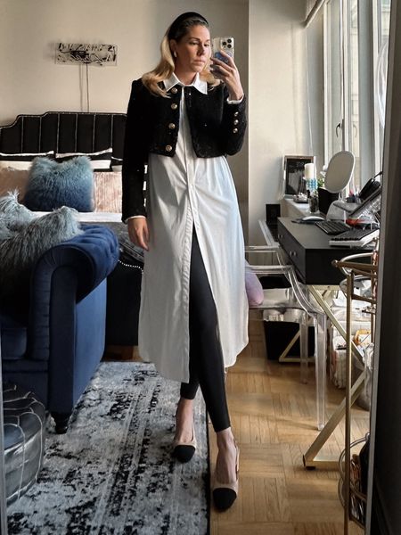 Workwear that’s basically activewear: half this outfit is all Carbon38 stretchy pants material, including the long white shirt dress! 

Fall outfit, Tweed cropped jacket, black Align dupe leggings, long button down dress, cap toe block heels, neutral outfit idea, Chanel inspired 

#LTKstyletip #LTKfindsunder100 #LTKworkwear