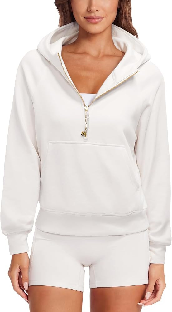 SUUKSESS Women Gold Half Zip up Cotton Hoodies Casual Pullover Sweatshirt | Amazon (US)