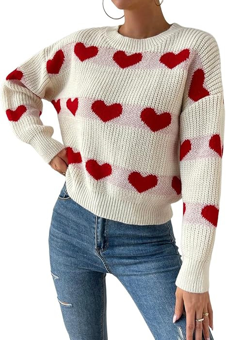 SKAYS Women's Heart Striped Sweater Cute Round Neck Drop Shoulder Loose Knit Top | Amazon (US)