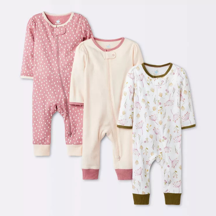 Baby Girls' 3pk Prairie Floral Zip-Up Romper - Cloud Island™ Pink | Target