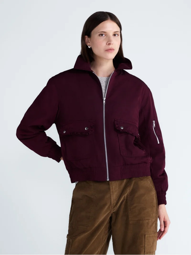 Free Assembly Women's and Women's Plus Ruffle Collar Bomber Jacket, Sizes XS-4X | Walmart (US)
