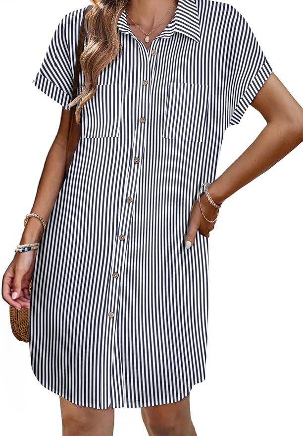 Zeagoo Womens Button Down Shirt Dress Summer Cotton Linen Dress V-Neck Mini Dress Casual Short Sl... | Amazon (US)