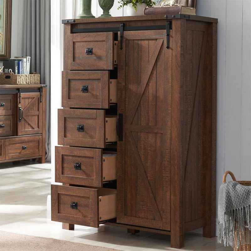 Farmhouse 5 Chest of Drawers, Tall Drawers Dresser with Sliding Barn Door | Wayfair North America