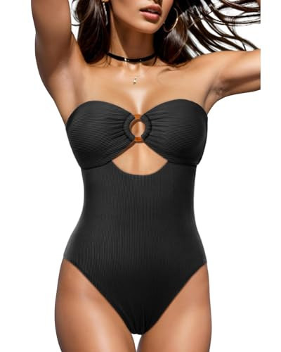 Holipick Ribbed Strapless Bandeau One Piece Swimsuits for Women Cutout Cheeky Bathing Suits Black | Amazon (US)