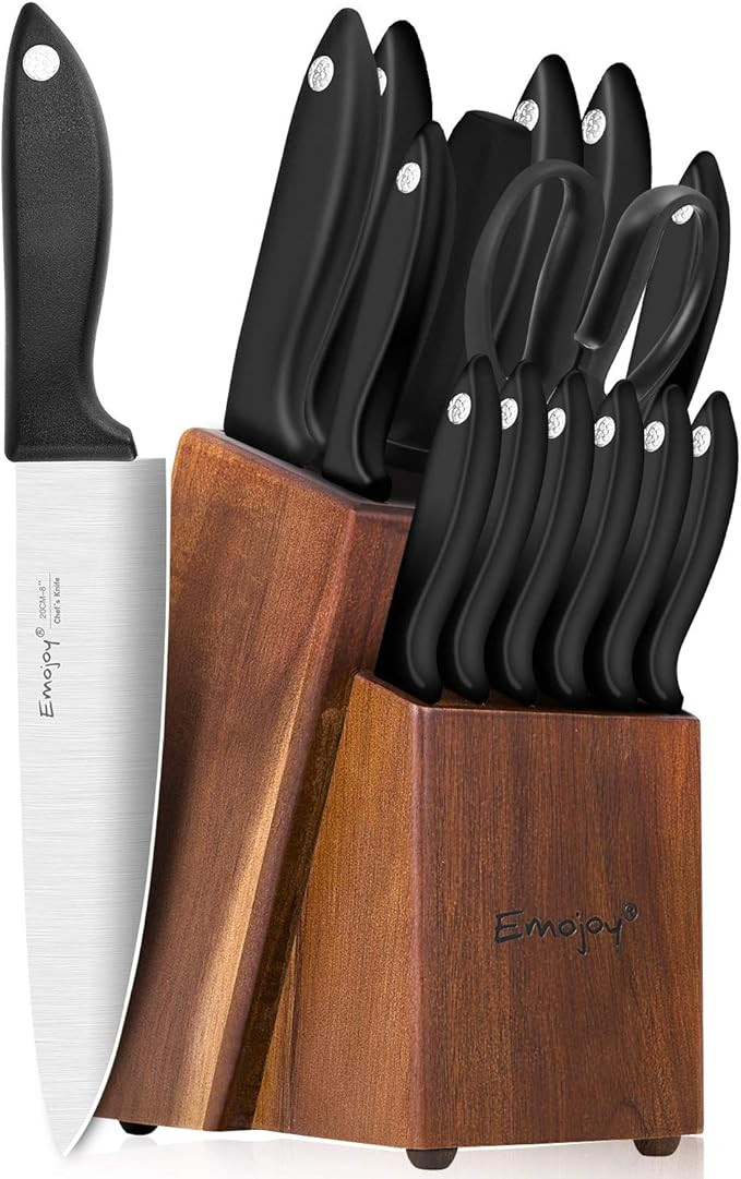 Knife Set, 15-Piece Kitchen Knife Set with Sharpener Wooden Block and Serrated Steak Knives,Emo j... | Amazon (US)