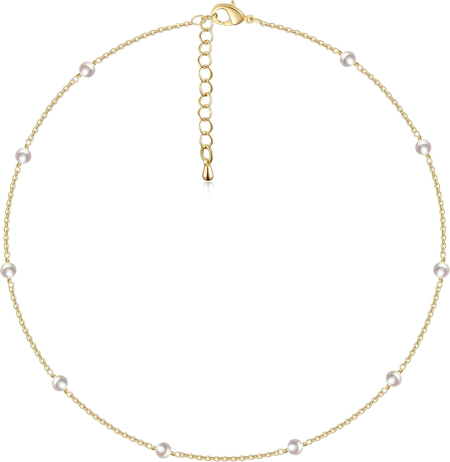 Cowlyn Pearl Choker Dainty Adjustable Necklace 18K Gold Plated Cultured Barque Pearl Tiny Chain D... | Amazon (US)
