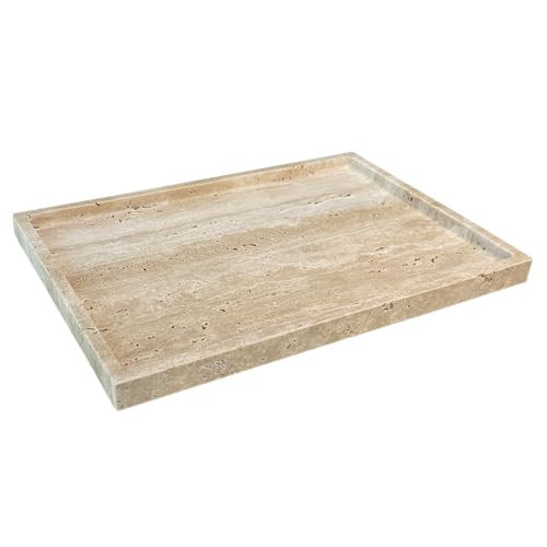 OAIQNUJ Travertine Stone Tray for Coffee Table, 12 x 8 inch Rectangle Marble Vanity Tray for Bathroom Countertop, Decorative Dish for Perfume Jewelry (Beige Travertine) | Amazon (US)