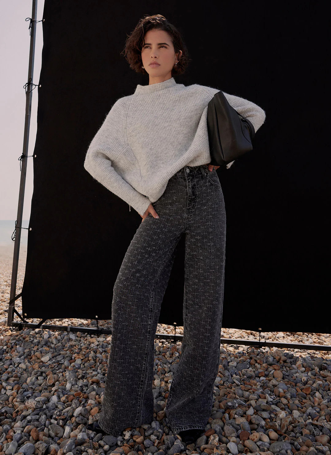 Grey Textured Diamante  Wide Jeans | Mint Velvet