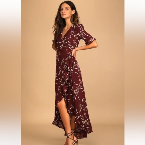 Wild Winds Burgundy Floral Print High-Low Wrap Dress - Lulus | Poshmark