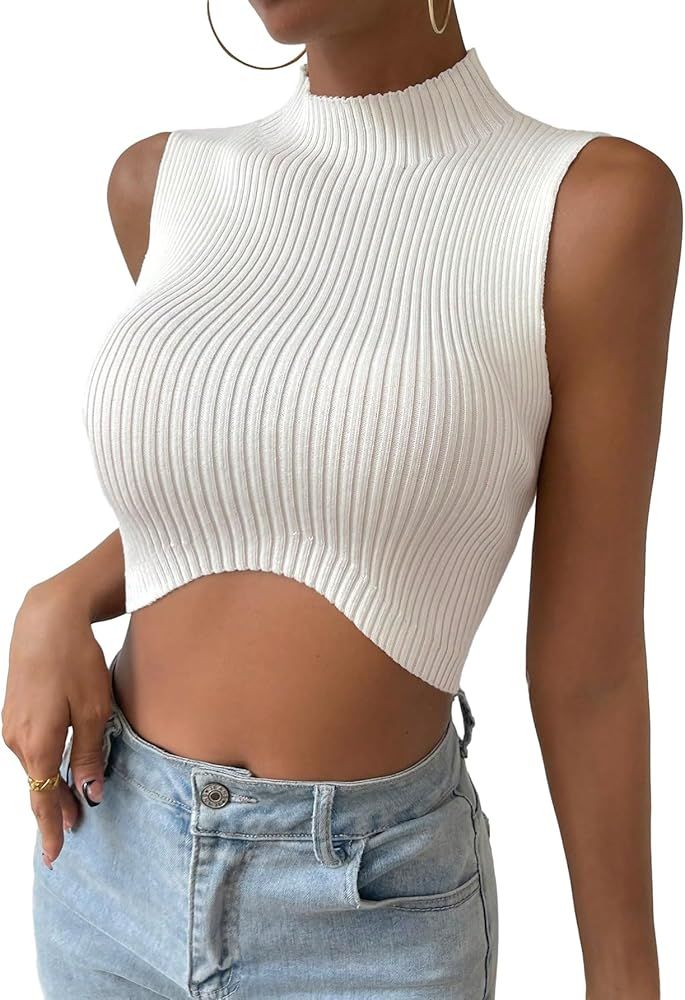 SHENHE Women's Mock Neck Sleeveless Asymmetrical Hem Crop Sweater Knit Tank Top | Amazon (US)