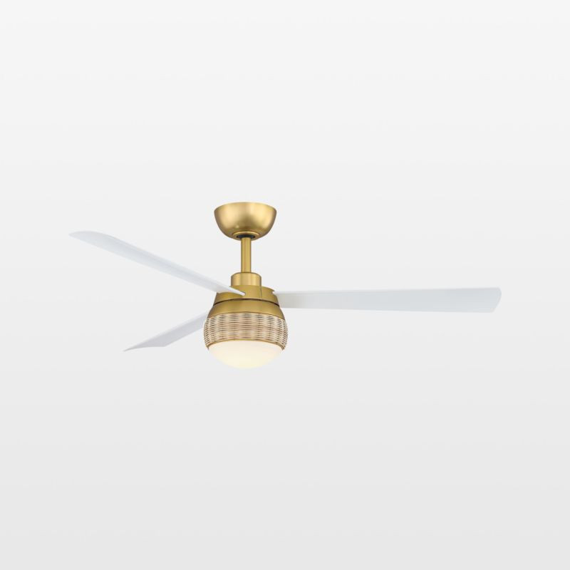 Paget 52" White/Gold and Rattan Ceiling Fan with LED Light Indoor/Outdoor | Crate & Barrel | Crate & Barrel