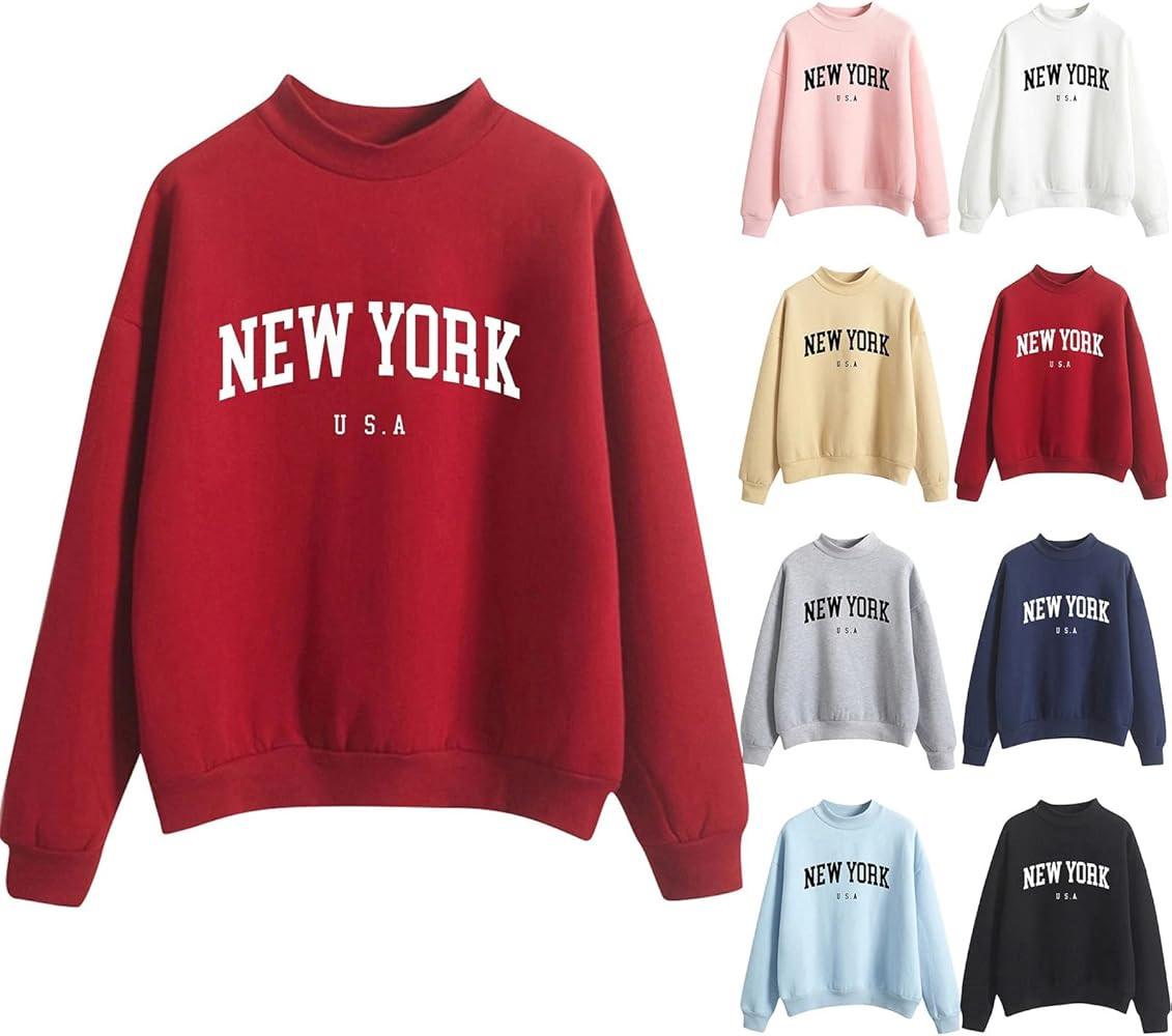 Women'S New York Letter Print Sweatshirt Crewneck Long Sleeve Oversized Casual Loose Fit Fleece F... | Amazon (US)