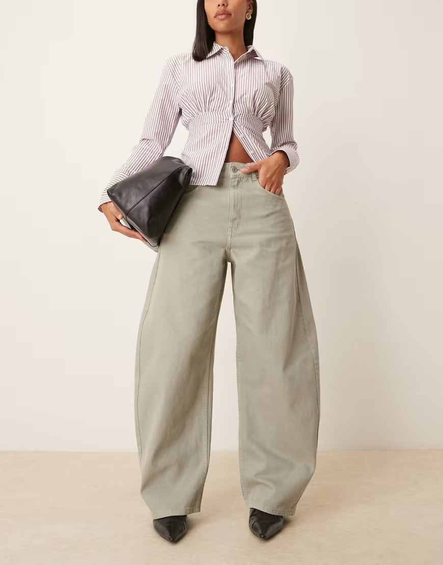 ASOS DESIGN high waisted barrel jean in washed khaki-Green | ASOS (Global)