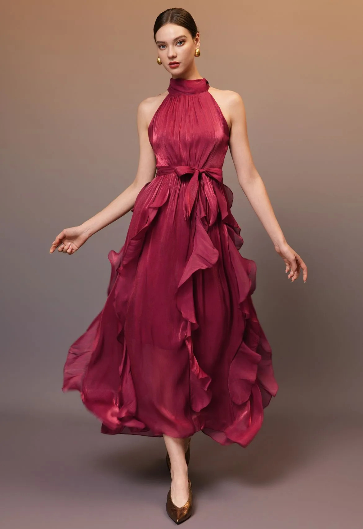Luminous Cascading Ruffle Tie-Waist Sleeveless Dress in Red for Formal Banquet & Holiday Gatherin... | Chicwish