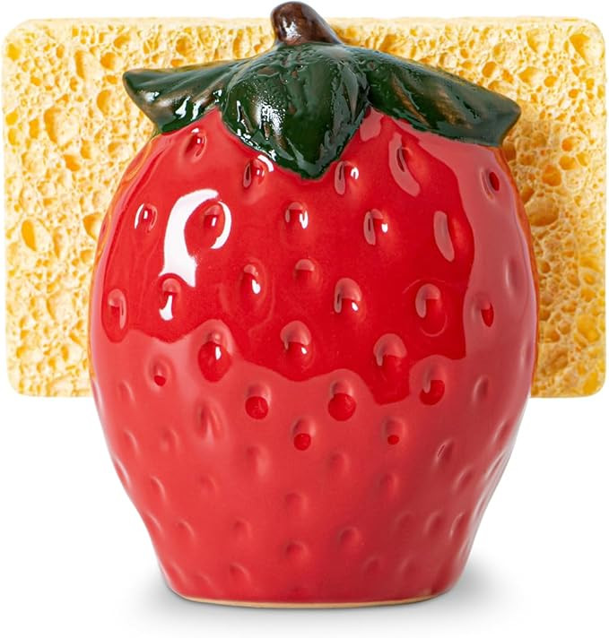 Strawberry Sponge Holder for Kitchen Sink – Ceramic Cute Sponge Caddy, Red Decorative Sink Orga... | Amazon (US)