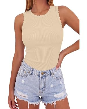 Sampeel Womens Tank Tops Fitted Sleeveless Ruffle Crew Neck Ribbed Knit Shirts 2026 Cute Summer F... | Amazon (US)