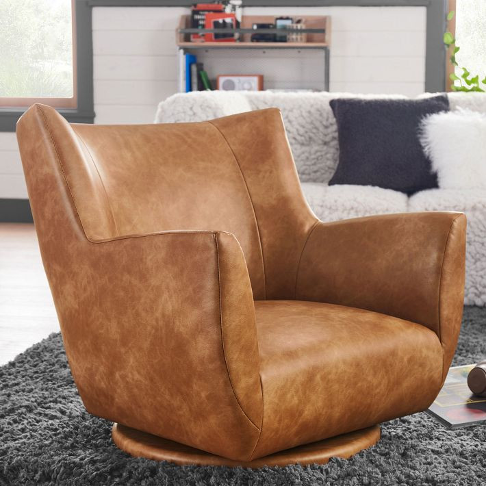 Faux Leather Caramel Lennon Low Swivel Chair | Pottery Barn Teen