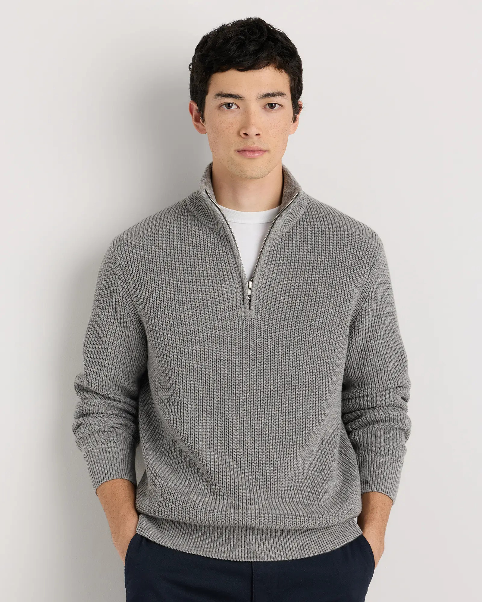 Men's 100% Organic Cotton Ribbed Quarter-Zip Sweater in Mid Heather Grey | Quince