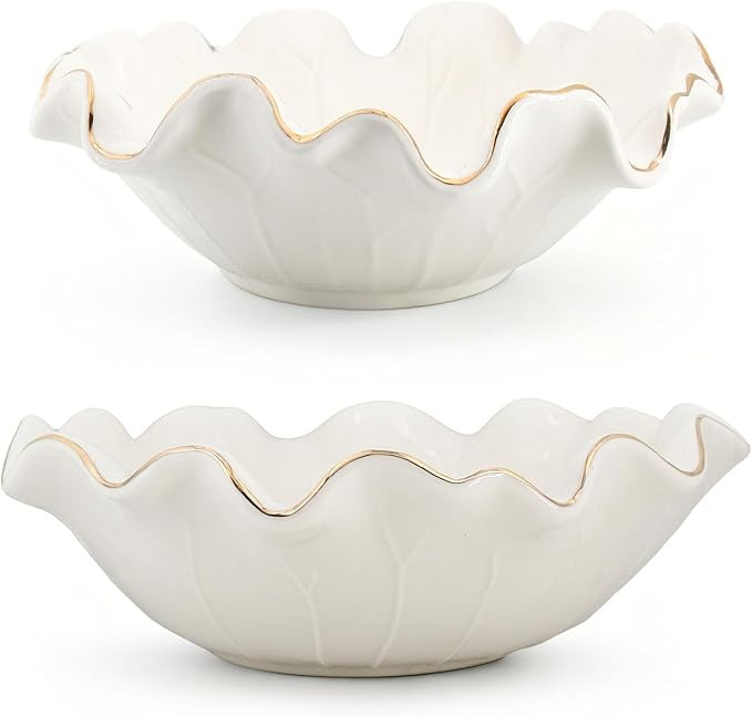 Handcrafted White Ceramic Ruffle Bowl – Modern Lotus Design with Gold Trim, Key Holder for Entr... | Amazon (US)