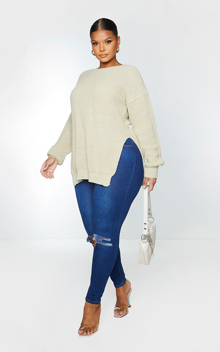 Plus Stone Round Neck Side Split Sweatshirt | PrettyLittleThing US