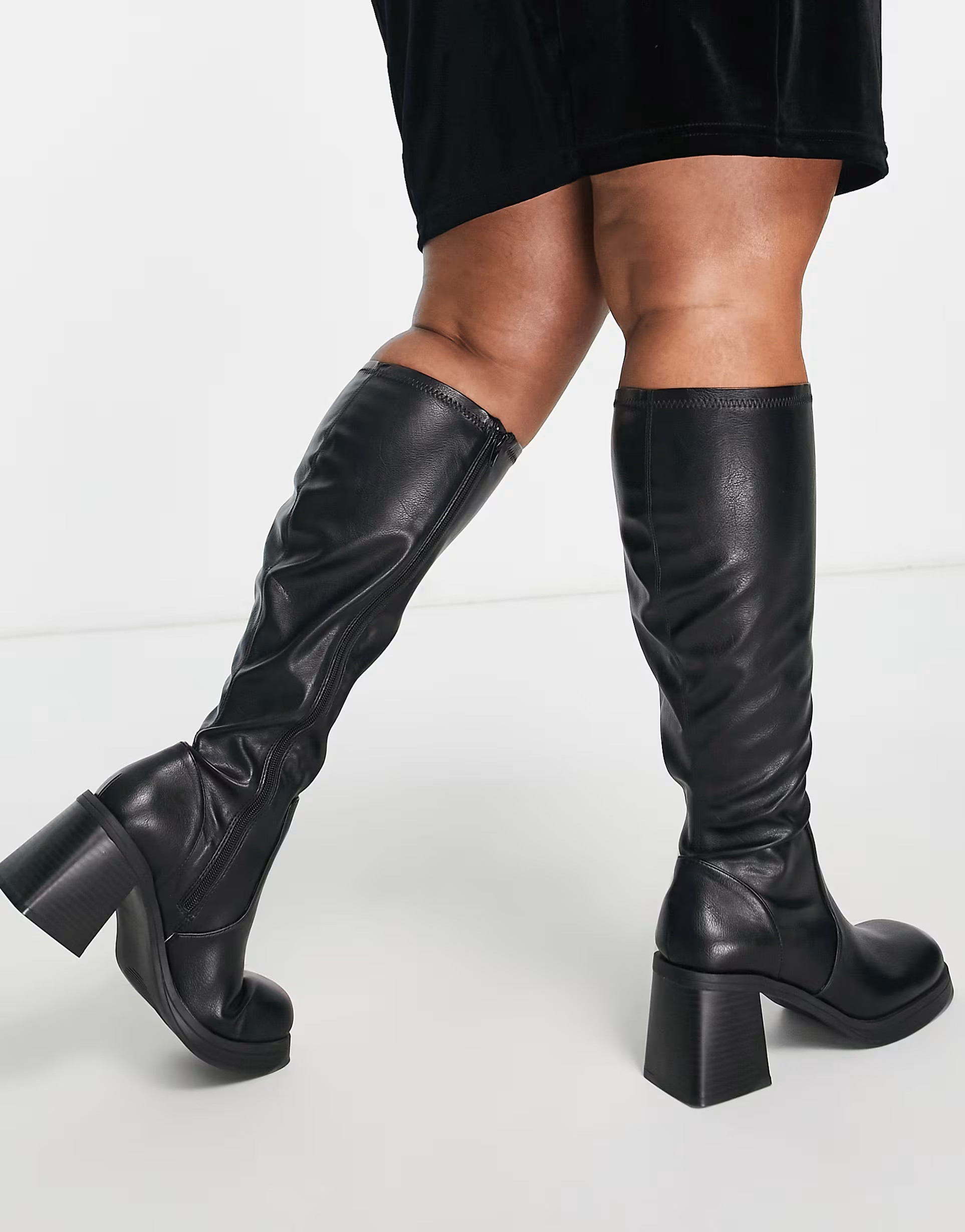 ASOS DESIGN Curve Catch mid heel sock knee boots in black | ASOS (Global)