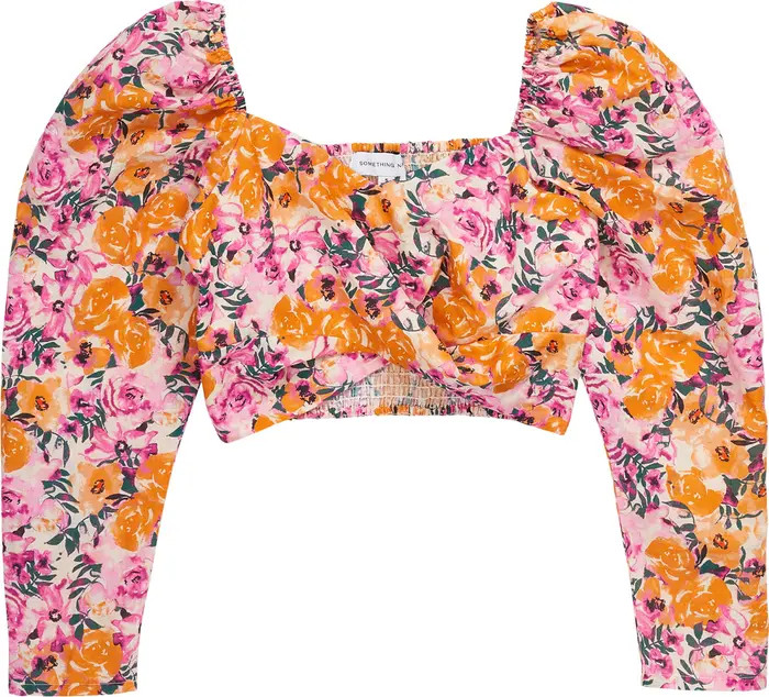 Floral Puff Sleeve Linen & Cotton Crop TopSOMETHING NAVY | Nordstrom