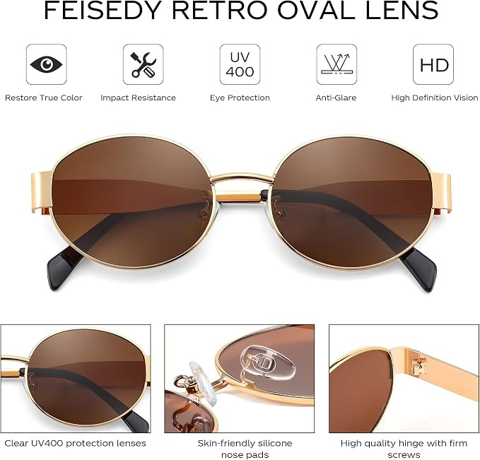 FEISEDY Retro Oval Sunglasses for Women Trendy Classic Metal Shades UV400 Protection B0124 | Amazon (UK)