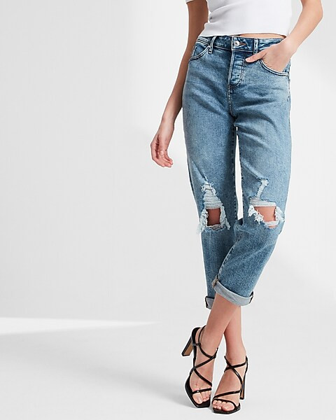 Mid Rise Medium Wash Ripped Boyfriend Jeans | Express