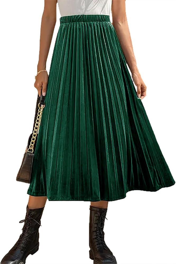 Women’s High Elastic Waist Skirt Pleated A Line Swings Midi Velvet Skirts for Women | Amazon (US)