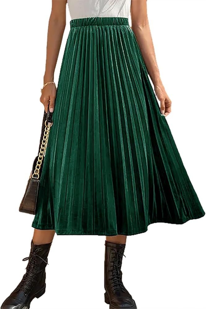 HERBATOMIA Women’s High Elastic Waist Skirt Pleated A Line Swings Midi Velvet Skirts for Women | Amazon (US)