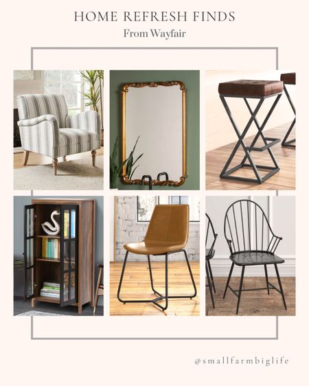 Home refresh finds from Wayfair.  Spring home updates. Rectangle wall mirror. Faux leather upholstered side chairs. Faux leather bar stool. Curio cabinet. Black Hampton armchairs. Striped upholstered armchair  

#LTKhome