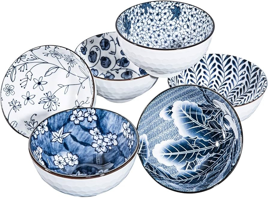 Japanese Style Ceramic Snack Bowls,10 Ounces Salad,Soup,Rice Bowl Set,Vintage Blue and White (Blu... | Amazon (CA)