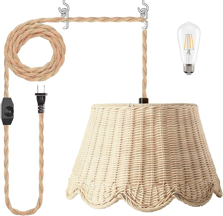 Plug in Scalloped Pendant Light, Rattan Hanging Lights with Plug in Cord 15FT Hemp Rope Cord, Dim... | Amazon (US)