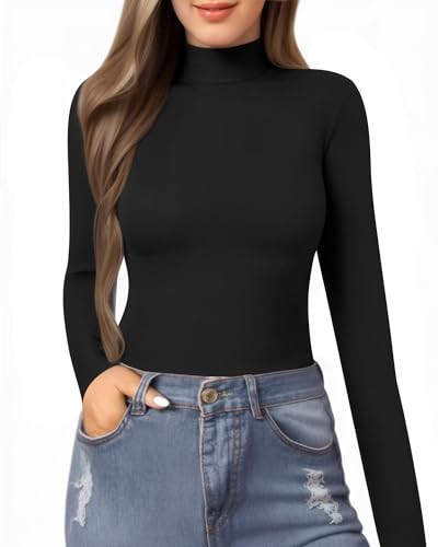 MANGOPOP Women's Mock Turtle Neck Slim Fit Long Sleeve T Shirt Tight Tops Tee Black | Amazon (US)