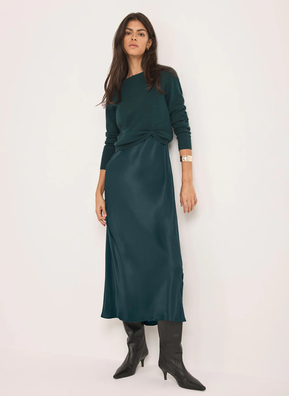 Teal Layered Satin Midi Dress | Mint Velvet