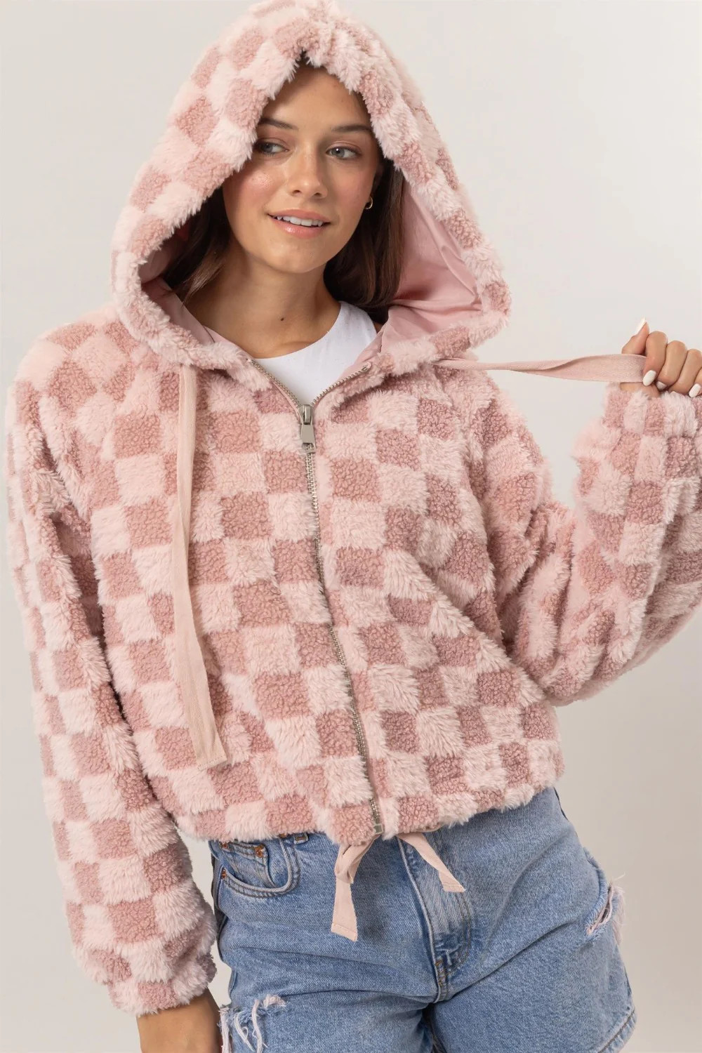 HYFVE Zip Up Sherpa Checkered Hooded Jacket Blush / M | Casual Chic Boutique