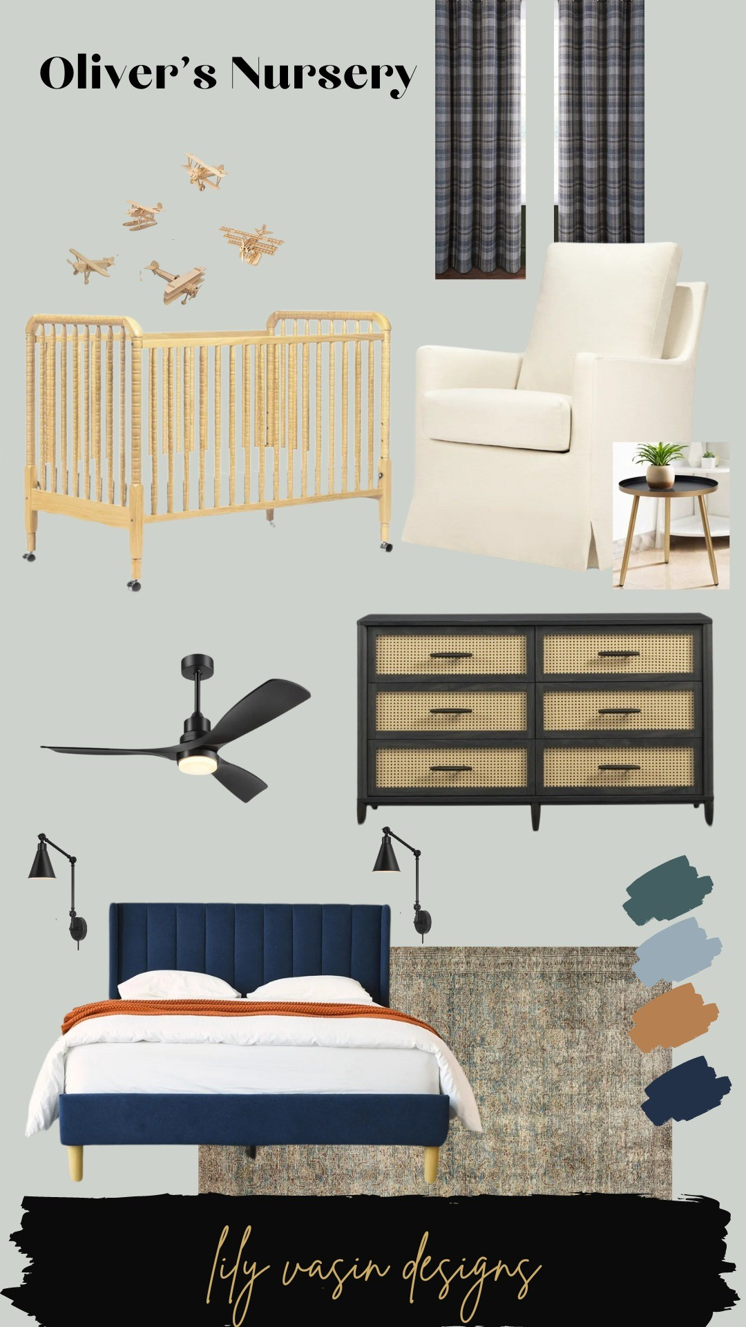 Amazon prime deals on Oliver's nursery furniture n decor. Amazon wool plaid curtains, night stands, lighting, fan, upholstered bed, round metal side table, wood 3d air plane puzzles, rug.

#LTKxNSale #LTKBaby #LTKFamily