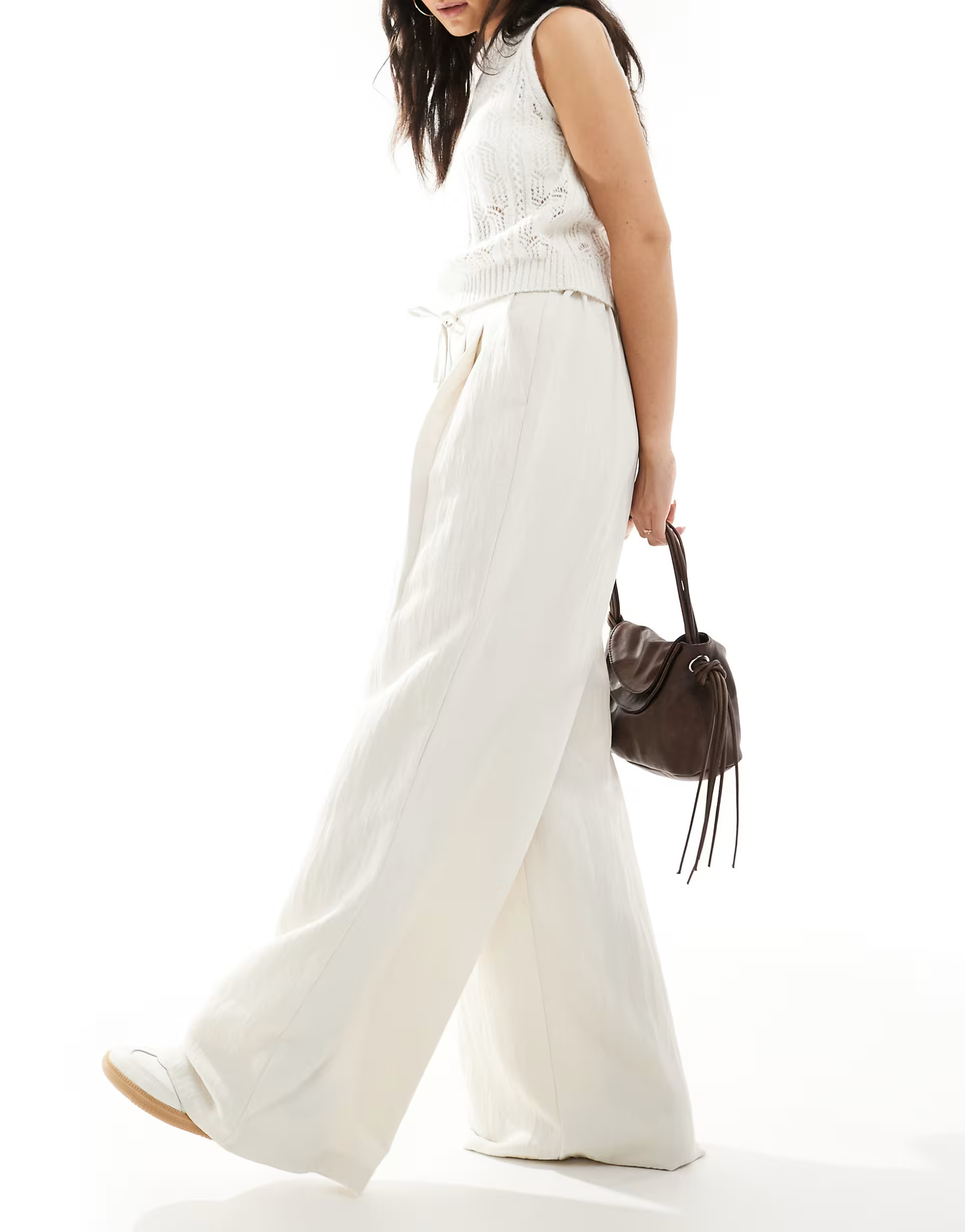 Stradivarius wide leg crinkle tie waist trouser in stone | ASOS | ASOS (Global)