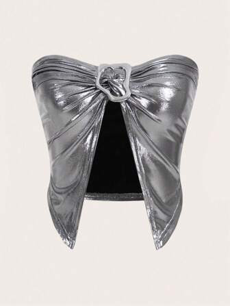 SHEIN ICON Ring Linked Asymmetrical Hem Metallic Tube Top | SHEIN