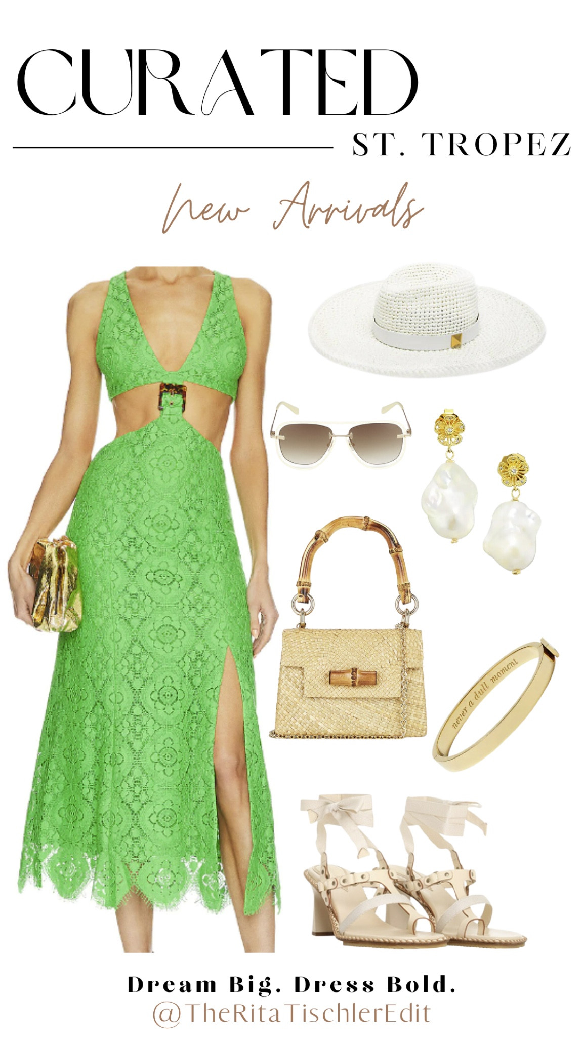 Green dress, cut out dress, beach dress, white hat, straw bag, too handle purse, white sunglasses 

#LTKSeasonal #LTKstyletip #LTKitbag