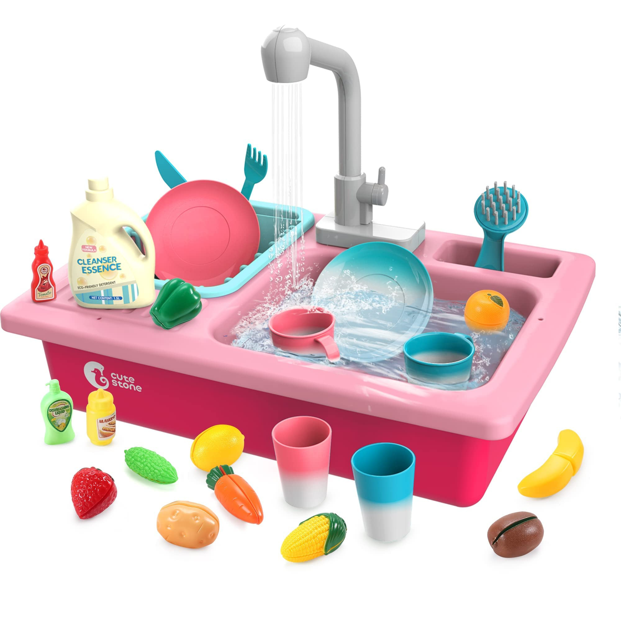 CUTE STONE Color Changing Play Kitchen Sink Toys, Children Electric Dishwasher Playing Toy with Running Water,Upgraded Real Faucet and Play Dishes,Pretend Role Play Toys for Kids Boys Girls | Amazon (US)