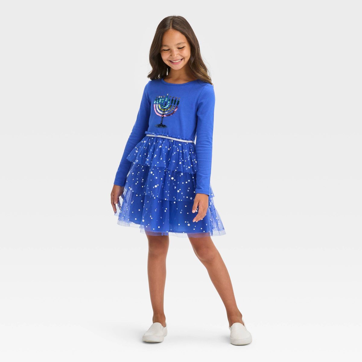 Girls' Long Sleeve Menorah Tiered Hanukkah Tulle Dress - Cat & Jack™ Blue | Target