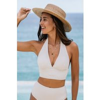 Textured Plunging Halter White Bikini Top | Cupshe UK