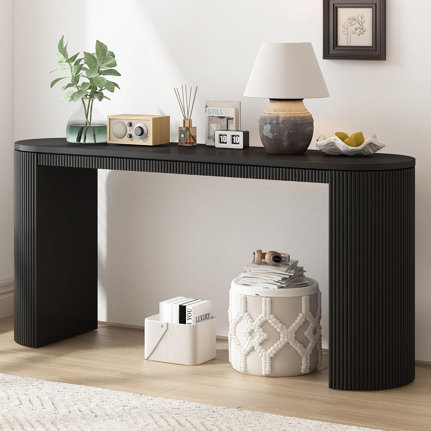 Modern Curved Console Table 59.2-Inch Fluted Entryway Sofa Table for Living Room Entrance Hallway Furniture, Black | Amazon (US)